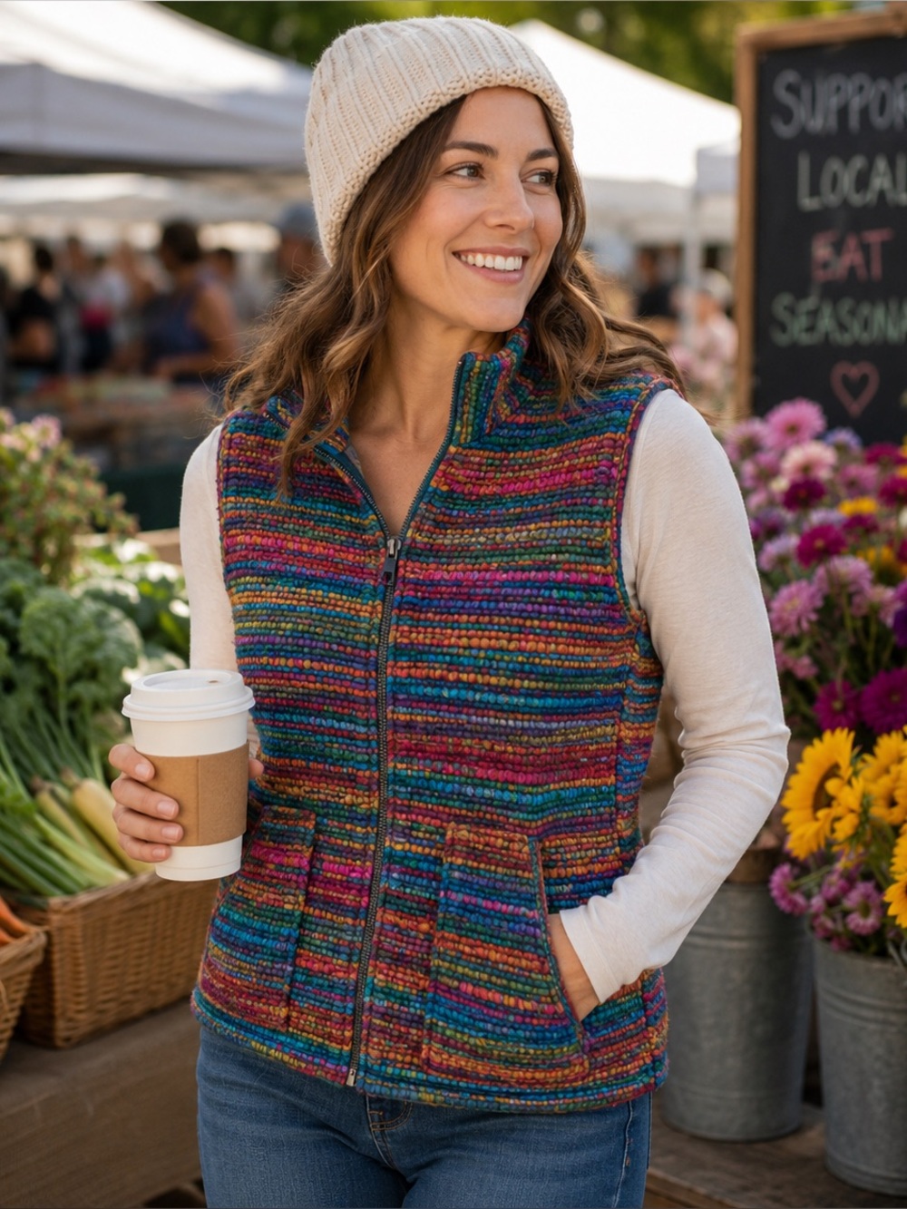 Vintage colorful striped rainbow yarn zippered vest, women’s medium.